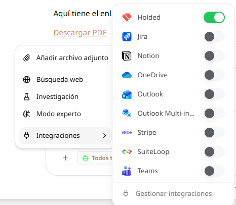 Captura de Gescon: el panel de integraciones con cada fuente y su interruptor de encendido